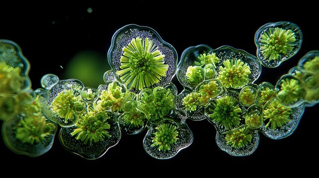 Microorganisms Algae Aquatic Life: Microscopic View of Green Organisms in Natural Habitat for Environmental Science and Biology Research on Plant Life & Water Ecosystem Diversity 