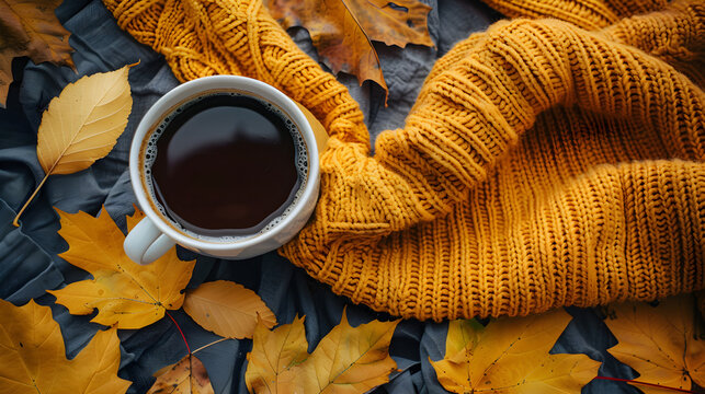 Flatlay of Autumn Leaves and Coffee on Sweater, in high resolution clean minimal style stock photo illustration background image ideal for templates advertisements and web banners showcasing modern ae