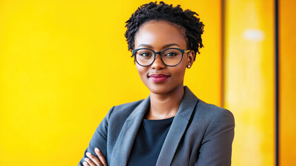 A confident young woman in a gray blazer and black shirt, standing in front of a bright yellow wall with her arms crossed, exuding confidence and professionalism.