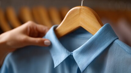 Shirt on Hanger: A close-up shot of a soft blue shirt delicately displayed on a wooden hanger, the subtle elegance of the garment highlighted as a hand gently adjusts it.