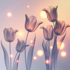 A dreamy illustration of tulips with soft light and sparkles, perfect for a romantic greeting card