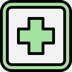 Obraz premium Green medical cross symbol centered in a rounded square with a thick green border, on a light gray background.