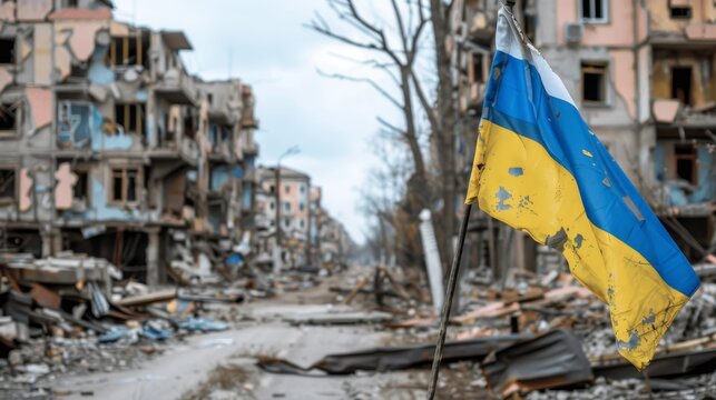 Ukrainian and russian flags representing conflict in a devastated urban landscape filled with ruins