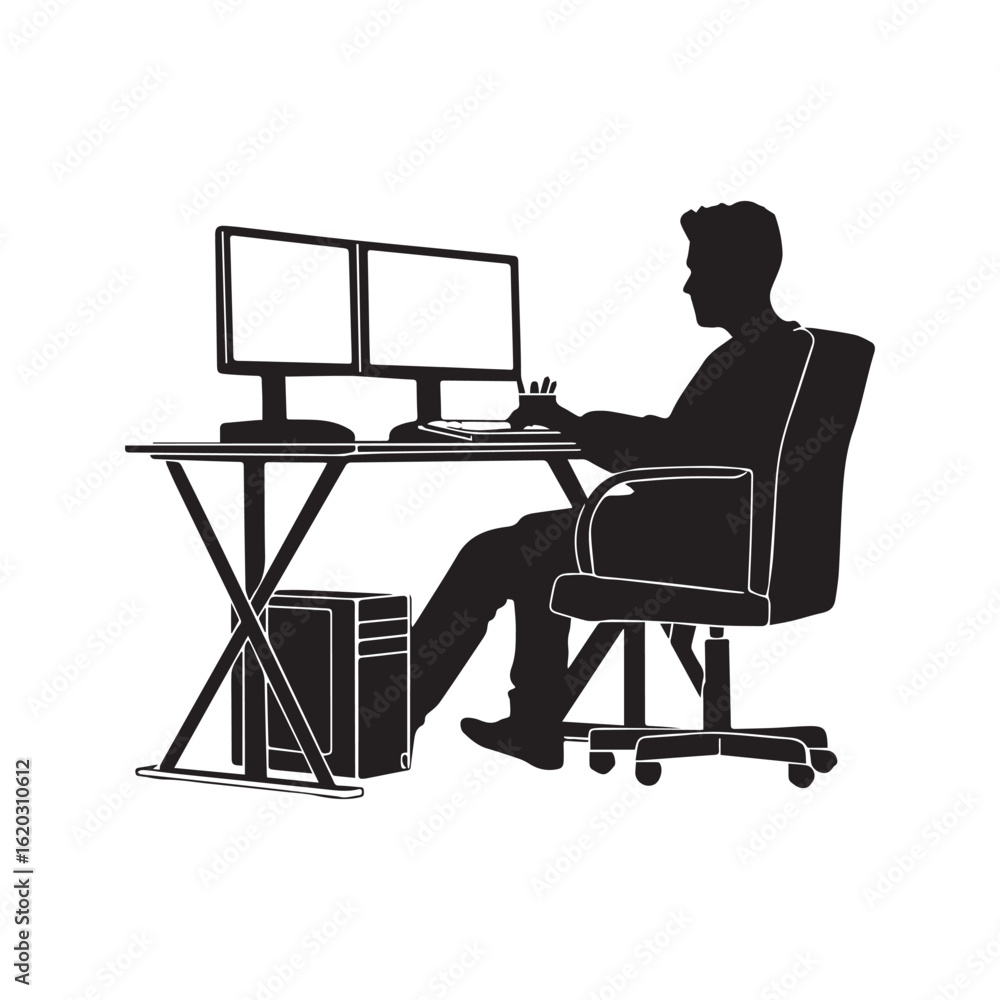 Fototapete silhouette of a man working at a computer with dual monitors, programmer or developer at office desk