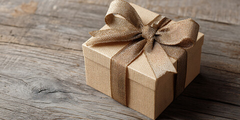 Brown Gift Box with Ribbon on Wooden Surface

