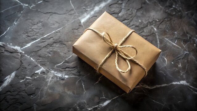 Gift box wrapped in brown paper with string on dark marble background