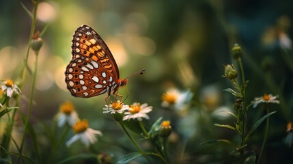 Obraz premium A butterfly with intricate wing patterns drinking nectar from a lush garden filled with wildflowers.