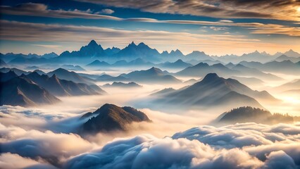 Breathtaking mountain range landscape with fog and clouds at sunset
