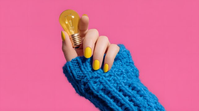 A hand holding a lightbulb with bright yellow nails and a blue knitted sleeve.
