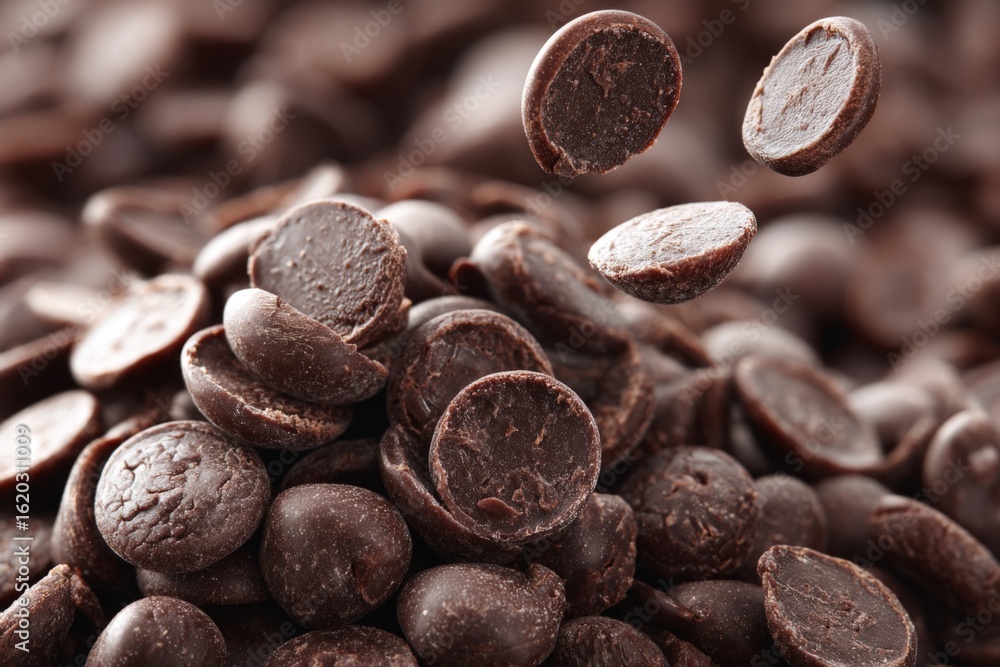 Poster falling chocolate drops create an enticing display of sweet confections on a kitchen counter setting