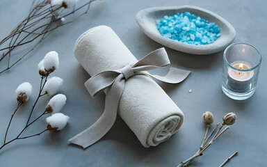 Rolled white towel with a gray ribbon next to blue bath salts and a small candle for a spa treatment
