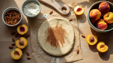 Overhead shot of ingredients for a peach tart with fresh ripe peaches and almonds on a wooden table ready for baking