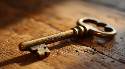 A close-up of an old-fashioned brass key resting on a wooden table, with soft lighting.