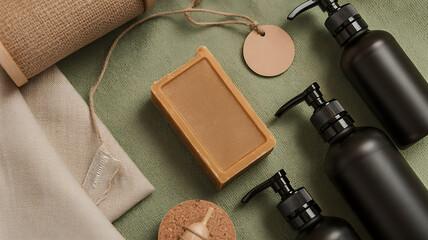 Top view of soap bar, bottles, and spa accessories on green surface for hygiene and wellness