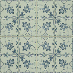 Vintage floral tile pattern with blue flowers and green leaves for decorative background design
