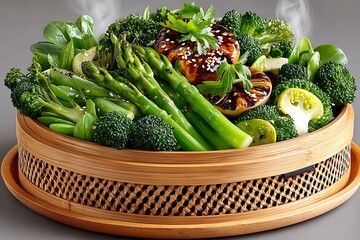 Steamed vegetables in bamboo dish high resolution picture