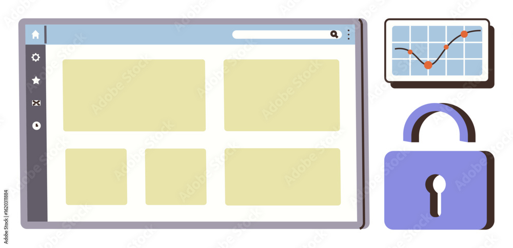 Poster web browser window layout, graph on tablet screen with upward trend, and secure padlock. ideal for d