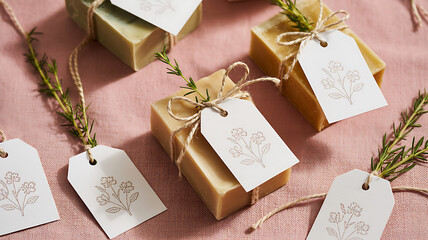 Handmade natural soaps with rosemary and lavender sprigs tied with twine and gift tags create a spa like experience