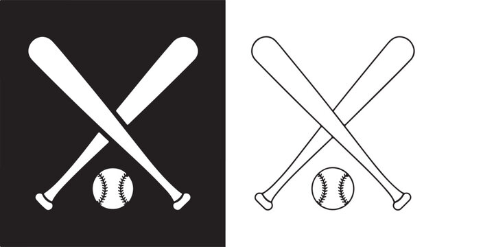 single, two crossed baseball bat and ball icon vector silhouettes