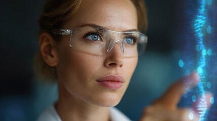 Scientist and Futuristic DNA: A focused scientist, illuminated by futuristic digital DNA, her eyes locked on the intricate helix. Capturing the fusion of innovation and expertise.