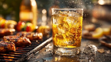 A cold beer in a glass with ice cubes floating, served with grilled food at an outdoor barbecue party.
