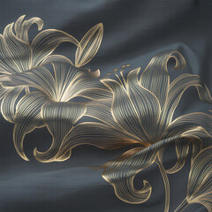 Elegant golden lily flowers on a dark gray fabric background create a luxurious and decorative floral pattern