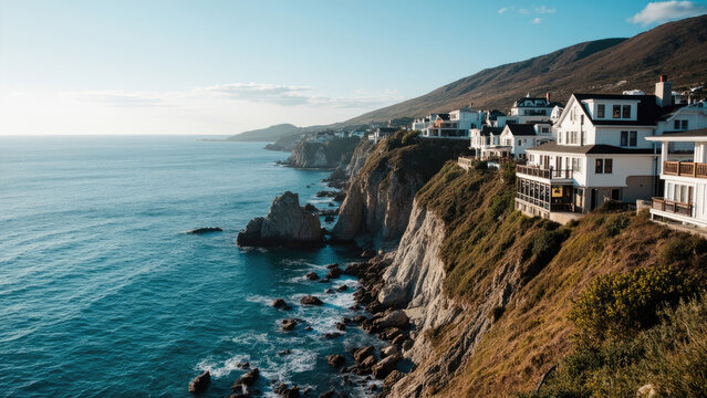Coastal homes perched on a cliffside overlooking the ocean with rocky shorelines and blue water under a clear sky