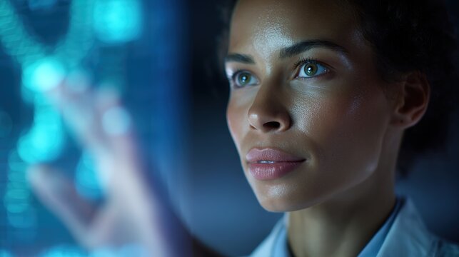 Science of Discovery: A scientist, engrossed in scientific work with a digital interface that showcases her dedication to study, in a laboratory setting.