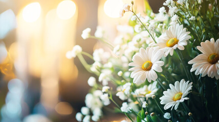 A bouquet of white daisies and baby's breath with a blurred background of warm lights.