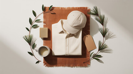Arrangement of neutral colored apparel, toiletries, and greenery on a textured mat creating a clean and modern aesthetic