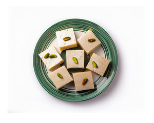 Diwali food Rangoli using Kaju Katli sweet along with Clay diya/lamp and marigold flowers arranged in circular pattern, selective focus
