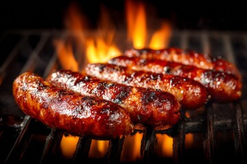 Grilled sausages sizzling over an open flame at a backyard barbecue gathering during summer evening