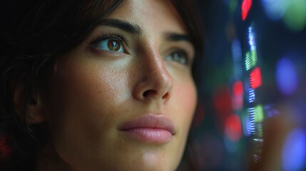 Woman Contemplating Futuristic Display: An intelligent woman gazes intently at a vibrant, futuristic display of colorful lights, her expression a blend of curiosity and contemplation.
