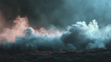 A dense fog-like smoke covering the ground, adding a dramatic cinematic effect.