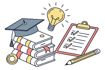 Illustration of books with graduation cap lightbulb checklist and pencil representing education concept