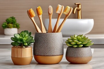 Stylish bamboo brushes home bathroom setup high resolution picture