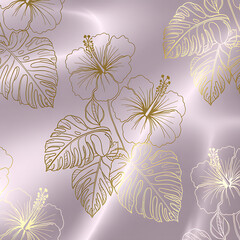 Elegant golden hibiscus flower and monstera leaf pattern on a soft purple background creates a tropical and vintage inspired design