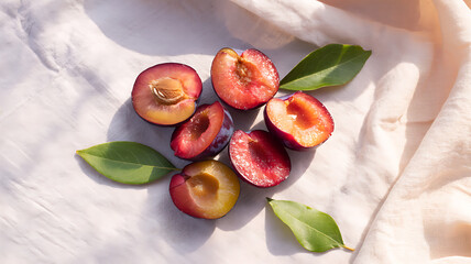 Halved plums with green leaves are arranged on a white cloth creating a vibrant and healthy food still life