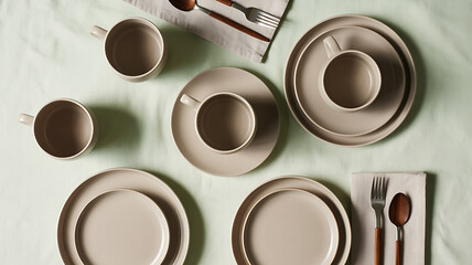 Overhead shot of a rustic ceramic tableware setting with plates and cups arranged on a neutral linen tablecloth