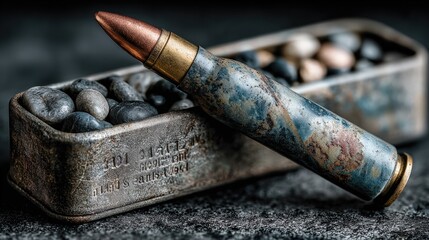 Obraz premium A weathered bullet rests beside a vintage ammo tin filled with lead shot