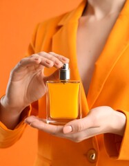 Woman holds orange perfume bottle