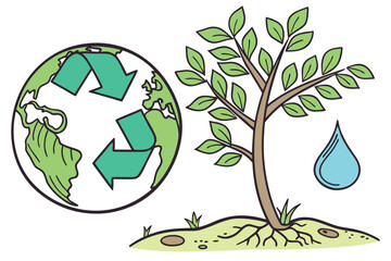 Illustration showing a recycling earth symbol next to a tree with leaves and a water drop graphic icon