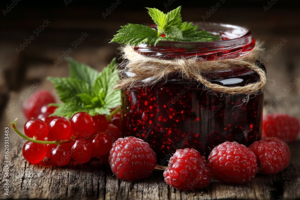 Poster homemade raspberry and red currant jam in a jar with fresh mint on rustic wooden table