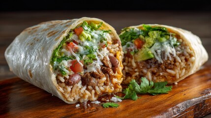A freshly made burrito, cut in half, revealing hot, flavorful fillings of rice, beans, and meat.