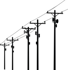 Silhouette of utility poles with 5G antennas, smart wireless communication transmitters, satellite dishes, broadband signal, telecommunication vector illustration, black outline graphic