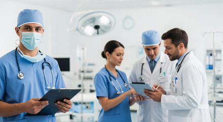 Portrait of a surgeon in scrubs and mask holding a clipboard in an operating room