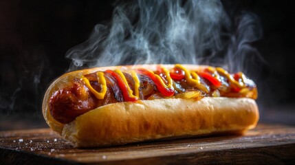 A freshly made hot dog with mustard, ketchup, and grilled onions, steam rising from the bun.