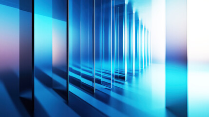 A blue and white abstract architectural space with glass panels and a reflective floor.