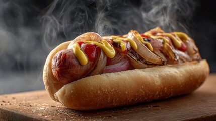 A freshly made hot dog with mustard, ketchup, and grilled onions, steam rising from the bun.