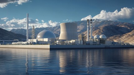 2124, ventura naval base floating nuclear power plant, multiple small modular reactors, containment domes, advanced cooling towers, elevated control center, protective seawalls

